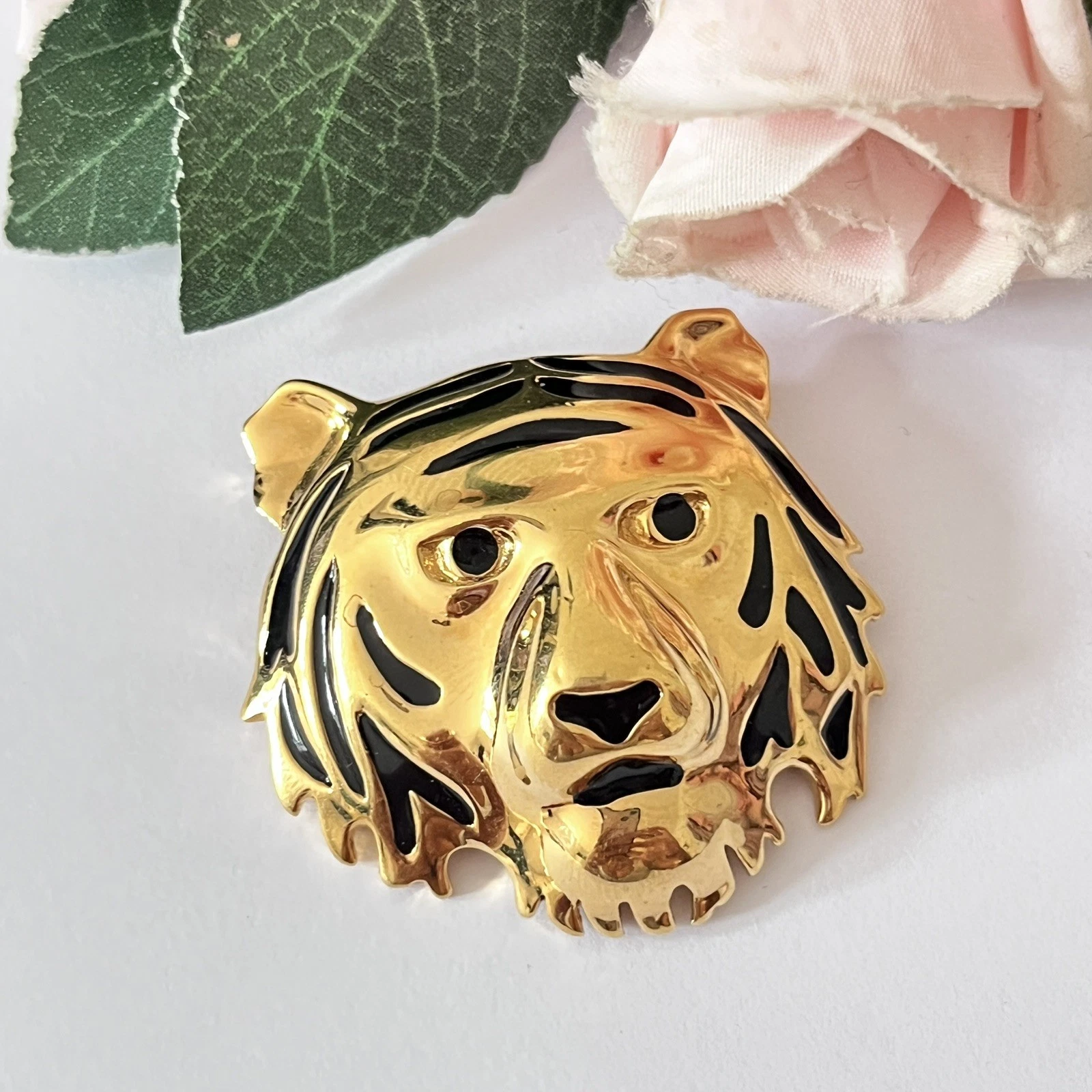 1980s Monet Gold Plated Black Enamel Tiger Brooch