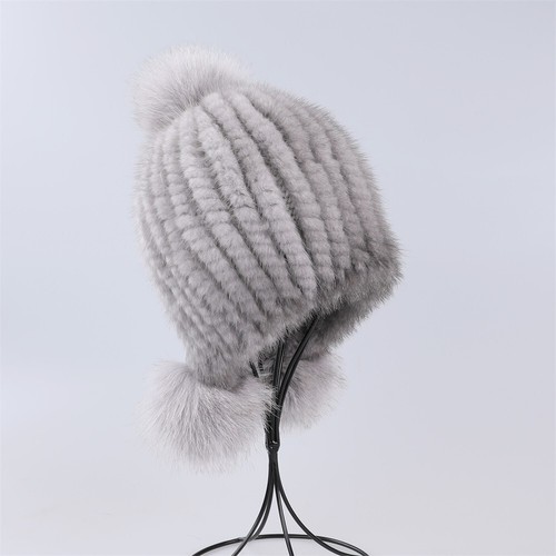 Women's Winter Beanie Hat Genuine Mink Fur Knitted Cap With Earflaps Fox Fur Pom - Picture 24 of 29