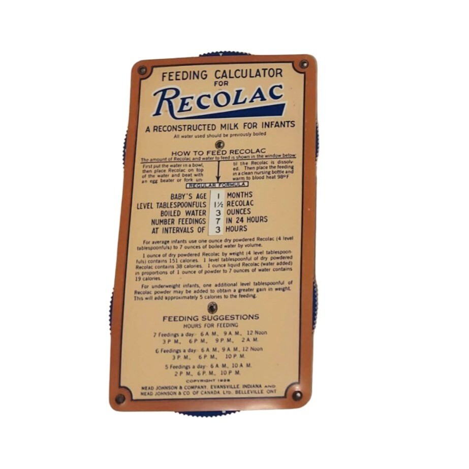 1928 Recolac Feeding Calculator Infant Feeding Formula Mead Johnson | eBay