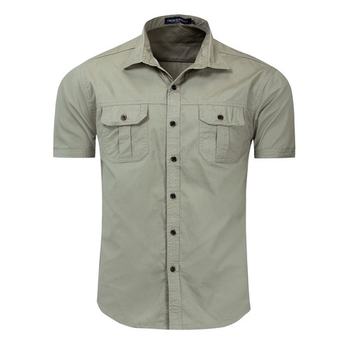 New Men's Short Sleeves Shirts Slim Button Down Cotton Tow Pockets Shirts Tops - Picture 6 of 6