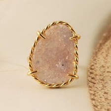 White Crystal Geode Druzy Gold Plated Prong Set Statement Adjustable Ring