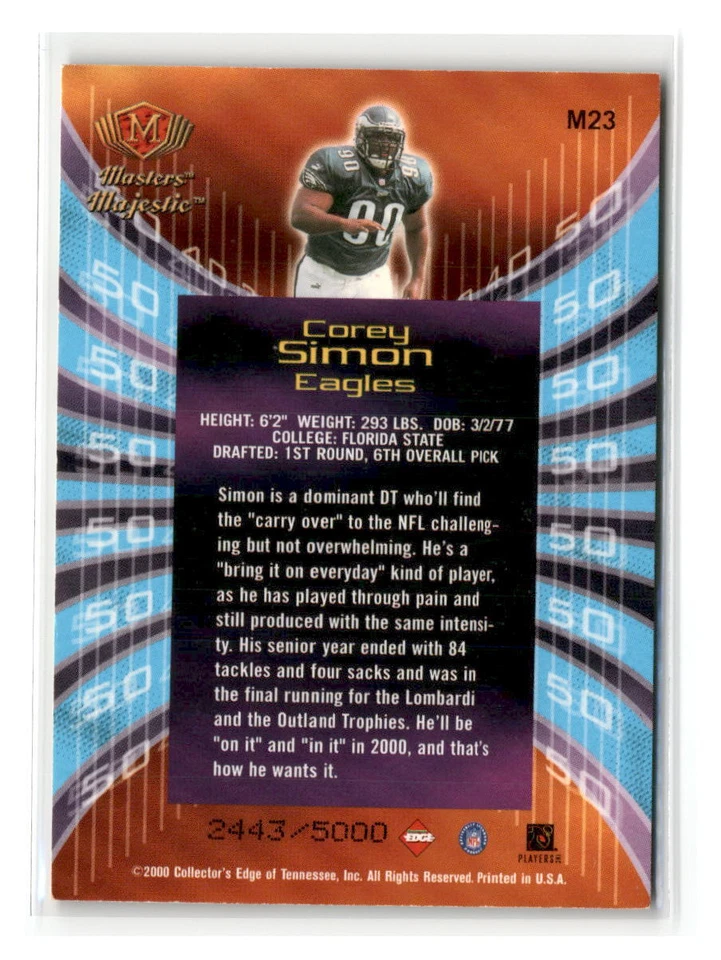 2000 Collector's Edge Masters - #M23 - Corey Simon Majestic /5000- Eagles - Image 2 of 2