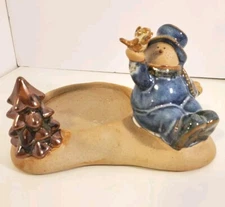 Winter Blue Glazed Ceramic Snowman Holding Bird Christmas Tree Candle Holder