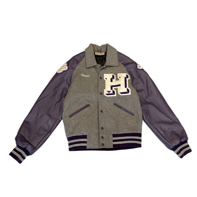 Grau Lila College Jacke | Lederärmel gesteppt Herren Schulkleidung
