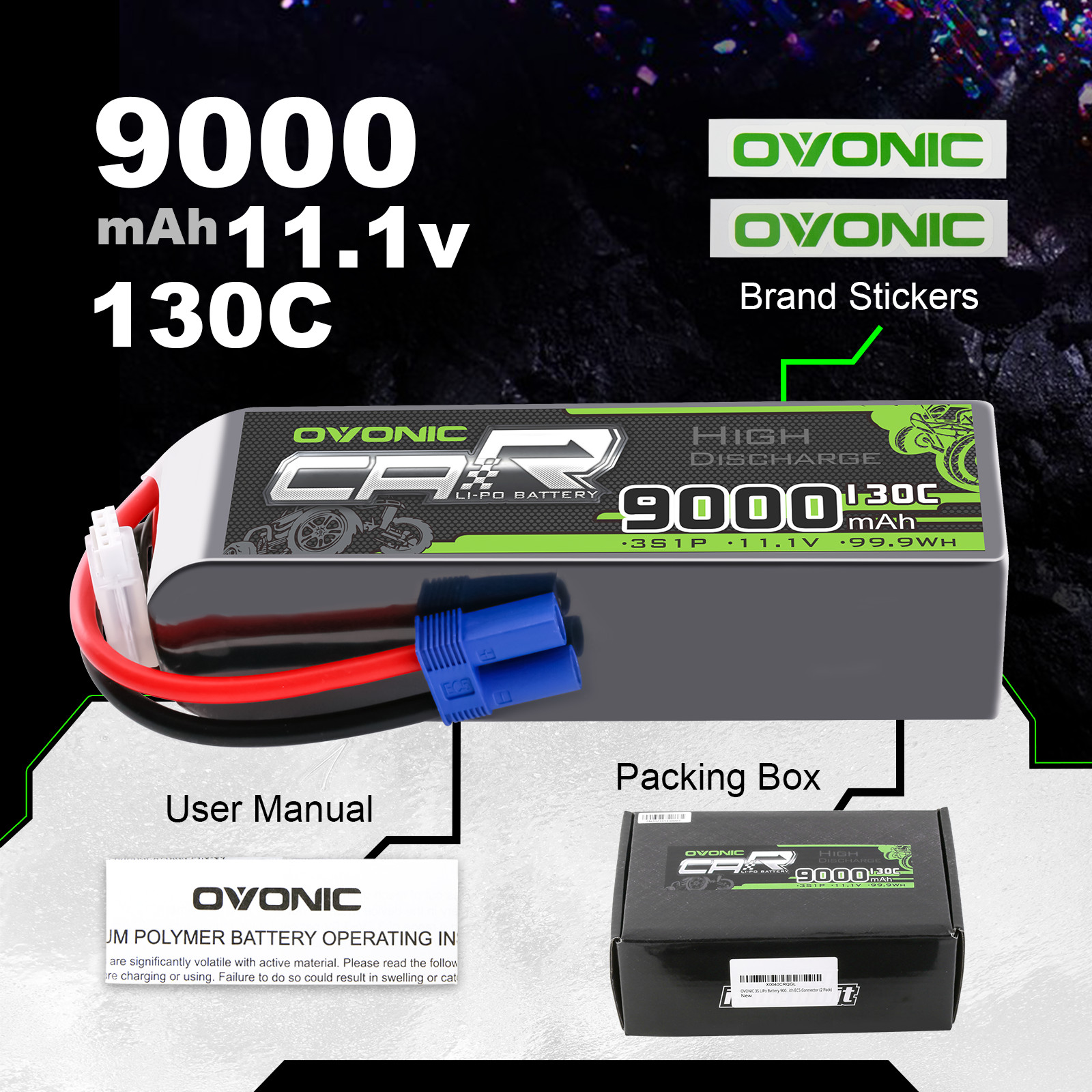 2X Ovonic 11.1V 130C 9000mAh 3S LiPo Battery with EC5 for RC car truck heli jets