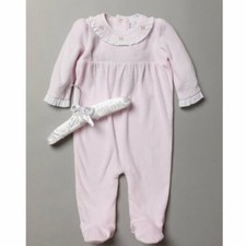 Baby Girls Pretty Pink Velour Sleepsuit With Smocking on Collar & Padded Hanger 