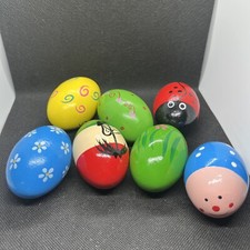 Set Of 7 Hand Painted Mexican Wooden Shaker Eggs So Colorful 