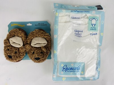 VTG NOS Spencers Baby 3pc Snapsie Body Suits Under Tees White Newborn/ Slippers