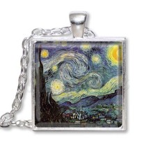 Vintage Van Gogh's Starry Night Handmade SQAURE Glass Pendant Necklace Jewelry