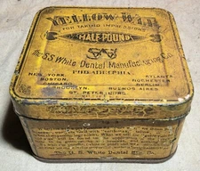 RARE ANTIQUE YELLOW WAX S.S. WHITE DENTAL MFG. CO. PATENT 1879 SOMERS BROS. TIN