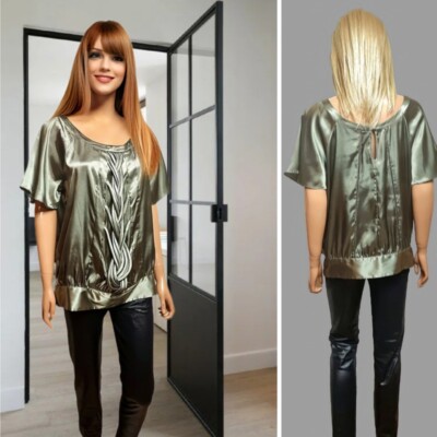 M&S TOP SIZE 14 LIMITED COLLECTION SAGE GREEN SATIN LOOK FLUTTER SHORT SLEEVE #2