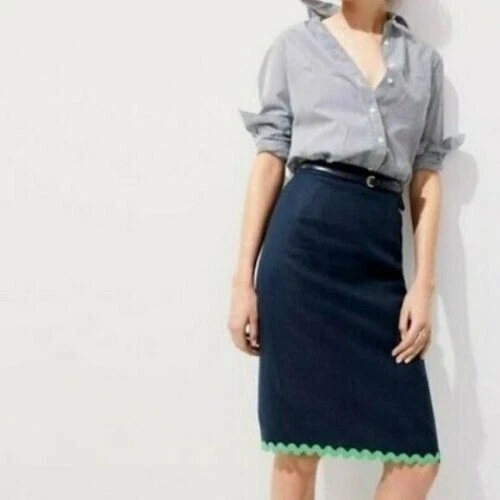 NWT J Crew Ric Rac Linen Pencil Skirt Navy Green sz 2P 2 0 Preppy Classic