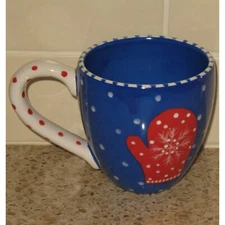 Lynn Morris Red Mittens Coffee Mug Christmas Winter Blue White Polka Dots