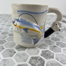 Emson Fish and Fishing Reel Coffee Mug Cup 3D White Vintage Embossed Sportsman