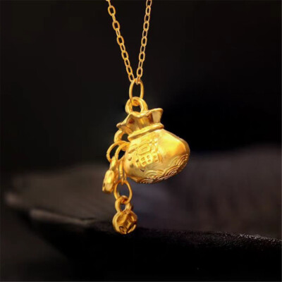 Fine Pure 999 24K Yellow Gold Women 3D Lucky Coin Fu Bag Pendant 1-1.2g 14*12mm