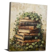St Patricks Day Wall Art, Lucky Shamrock Books Canvas Print, Vintage Irish