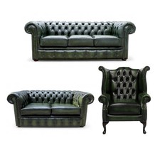 Chesterfield 3+2 Seater +Queen Anne Chair Real Leather Green Sofa Suite Couch