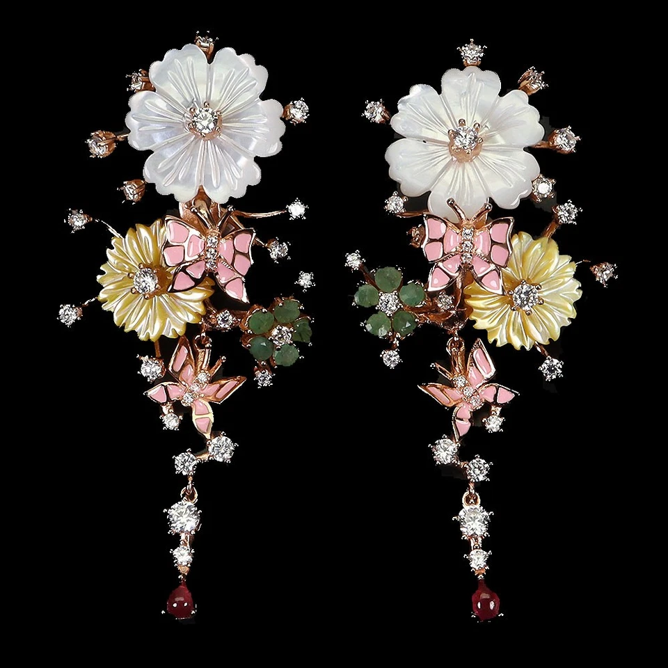 Black Friday 925 Sterling Silver Earrings Ruby 4x3mm Emerald Mop Enamel Flower - Image 2 of 4