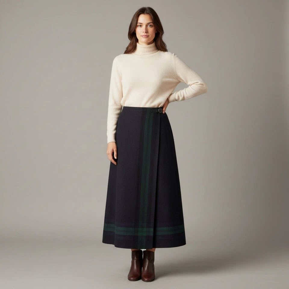 Maxi Falda Vintage Años 90 Talbots Azul Marino Envoltura de Lana Hebilla Cintura 12 Tela Italiana Y2K Foto 2 de 4