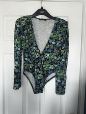 Blue Green Floral Long Sleeve Crossover Deep V Bodysuit