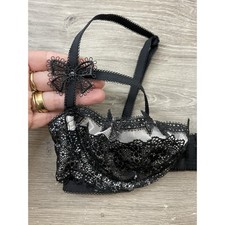 Victoria's Secret 32C Black Lace Unlined Demi Bra Rhinestone Bow Straps