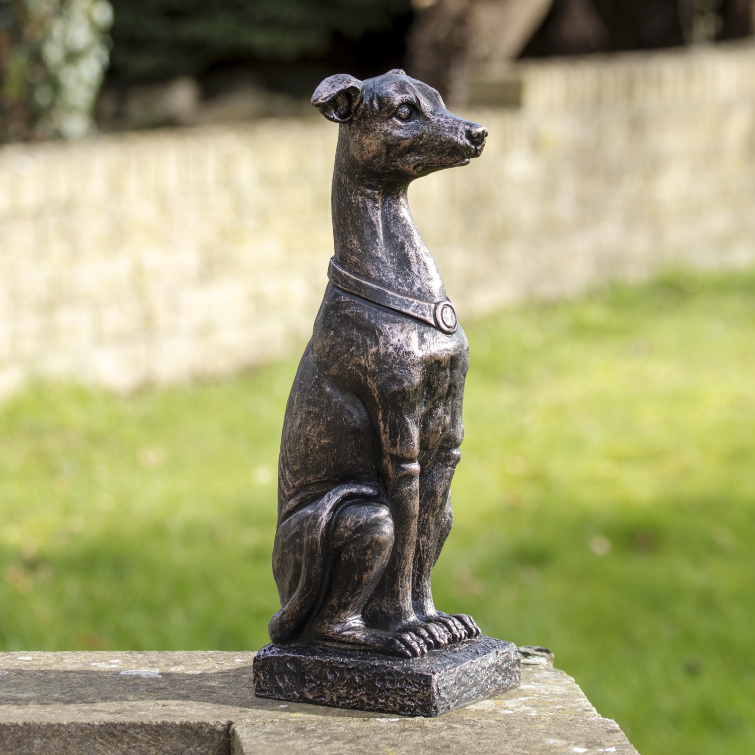 Bronze Gracious Greyhound On Plinth Statue Resin Sitting Dog Garden Ornament