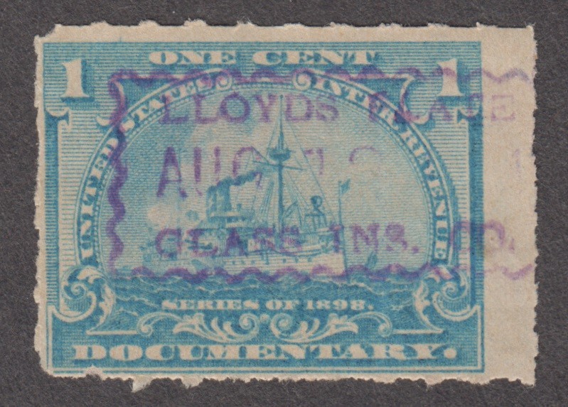USA 1898. 1c Battleship Documentary. Lloyds Plate Glass Inc CO Cancel. Sc# R163