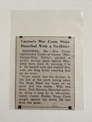 Mac Crum No Hitter Canton Citizens 1952 Sporting News Baseball Panel