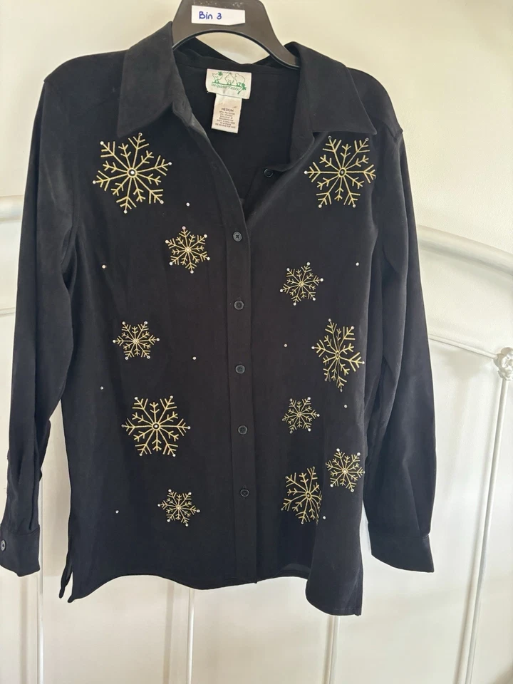 Quaker Factory Black Suit Set Jacket Gold Snowflakes Black Pants Medium - Image 2 of 4