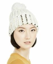 DKNY Designer Women's Flat-Stud Metallic Rib-Knit Chunky Hat White Gold NEW 109