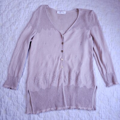 Escada Womens Long Beige Cardigan Size M Rayon Linen Blend Embroidered
