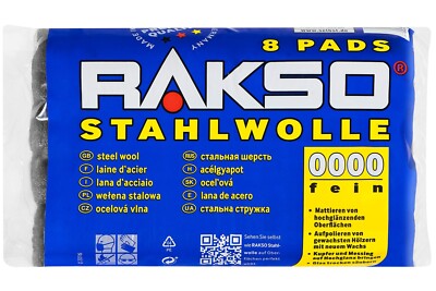 RAKSO Stahlwolle 0000, 000, 00, 0, 1, 2, 3, 4, 5 extrafein, mittel, grob 8 Pads