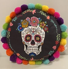 Plush Pom Pom Sugar Skull Day Of The Dead Round Pillow 16"
