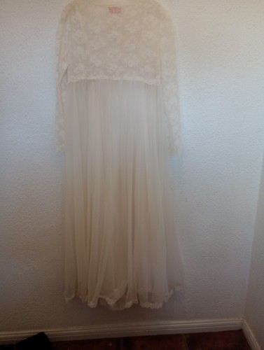 Virginia Wallace Vintage 60s Off-white Chiffon Satin Peignoir Set 36 nightgown - Picture 7 of 13