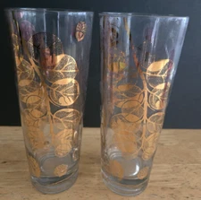 2 Gay Fad Signed Vintage Gold Acorn Highball Glasses 6 3/4" Tall Bar Glass