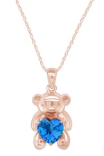 Simulated Blue Topaz Love Heart Teddy Bear Pendant Necklace 14k Rose Gold Plated