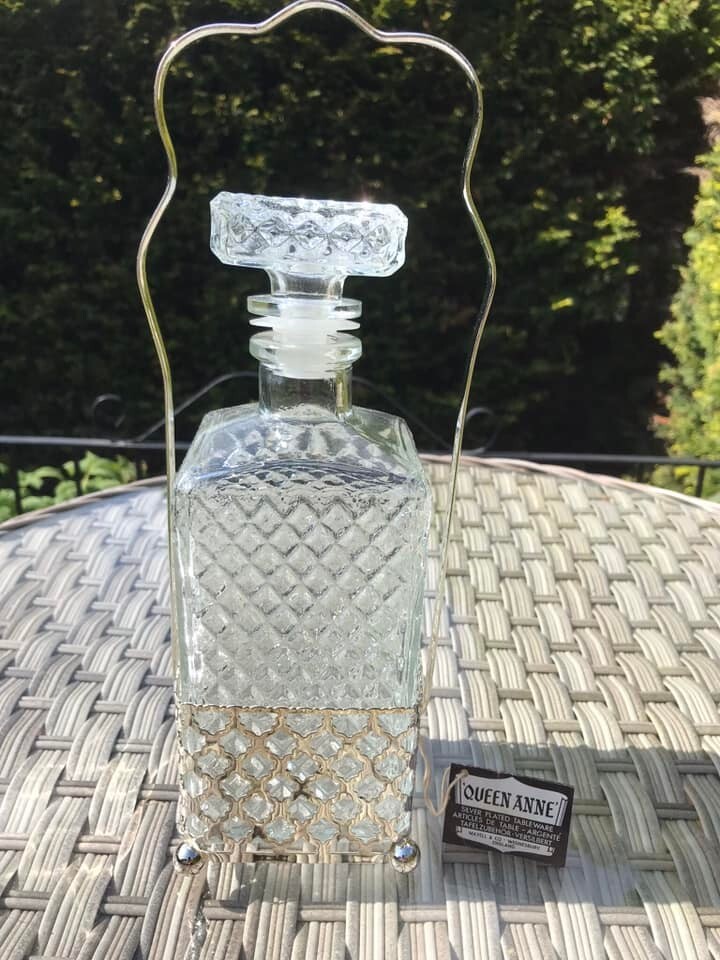 Vintage Queen Anne Tableware cut glass Whisky Decanter in stainless steel holder-image