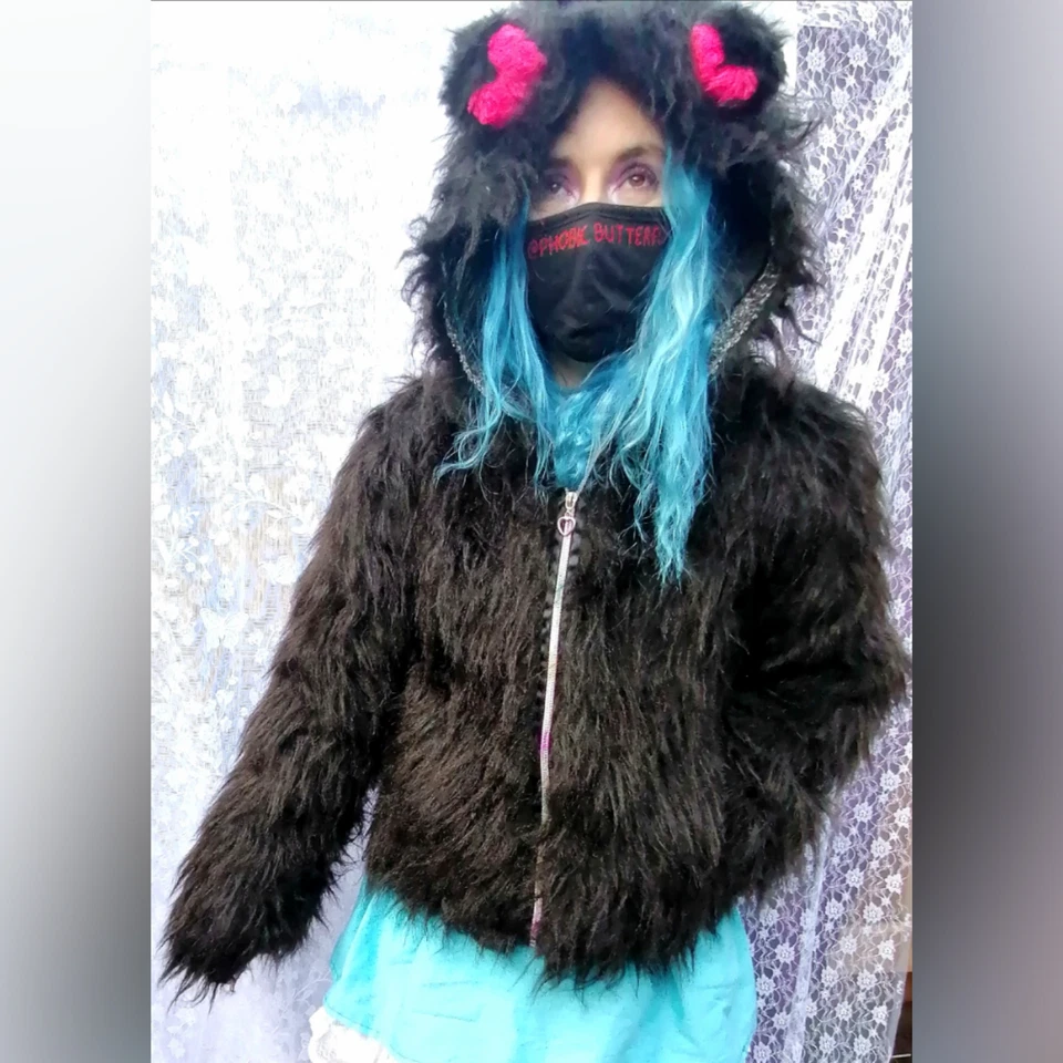 Black Faux Fur Jacket with T eady Bear Ears Size 12-14 Medium Coat Hoodie - Image 2 of 4