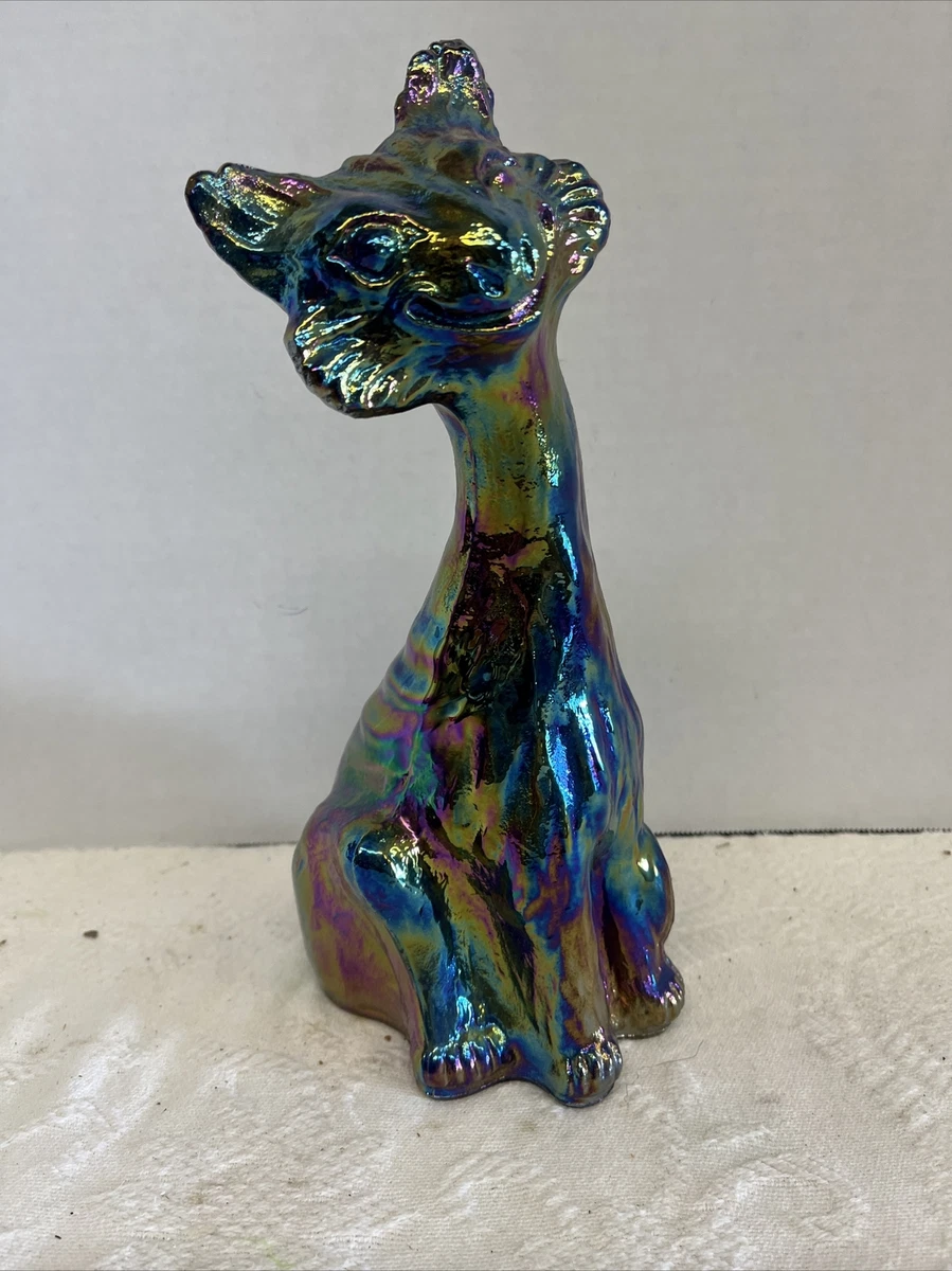 Fenton 11” Amythest Iridescent Winking Alley Cat Carnival Glass
