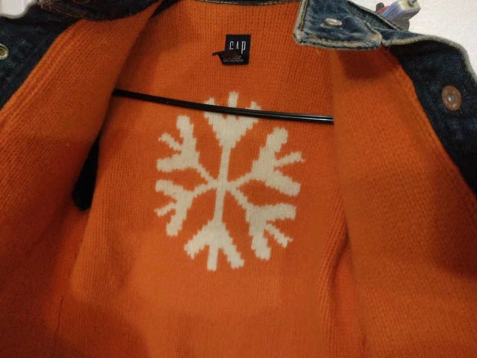 Small Juniors Gap Womens Blue Denim Jean Jacket Sweater Lined Orange Flake crop - Image 4 of 4