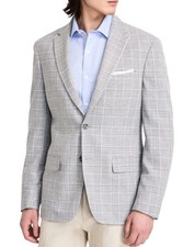 TOMMY HILFIGER Sport Coat 36R Gray Blue Windowpane Plaid Modern Fit Stretch New