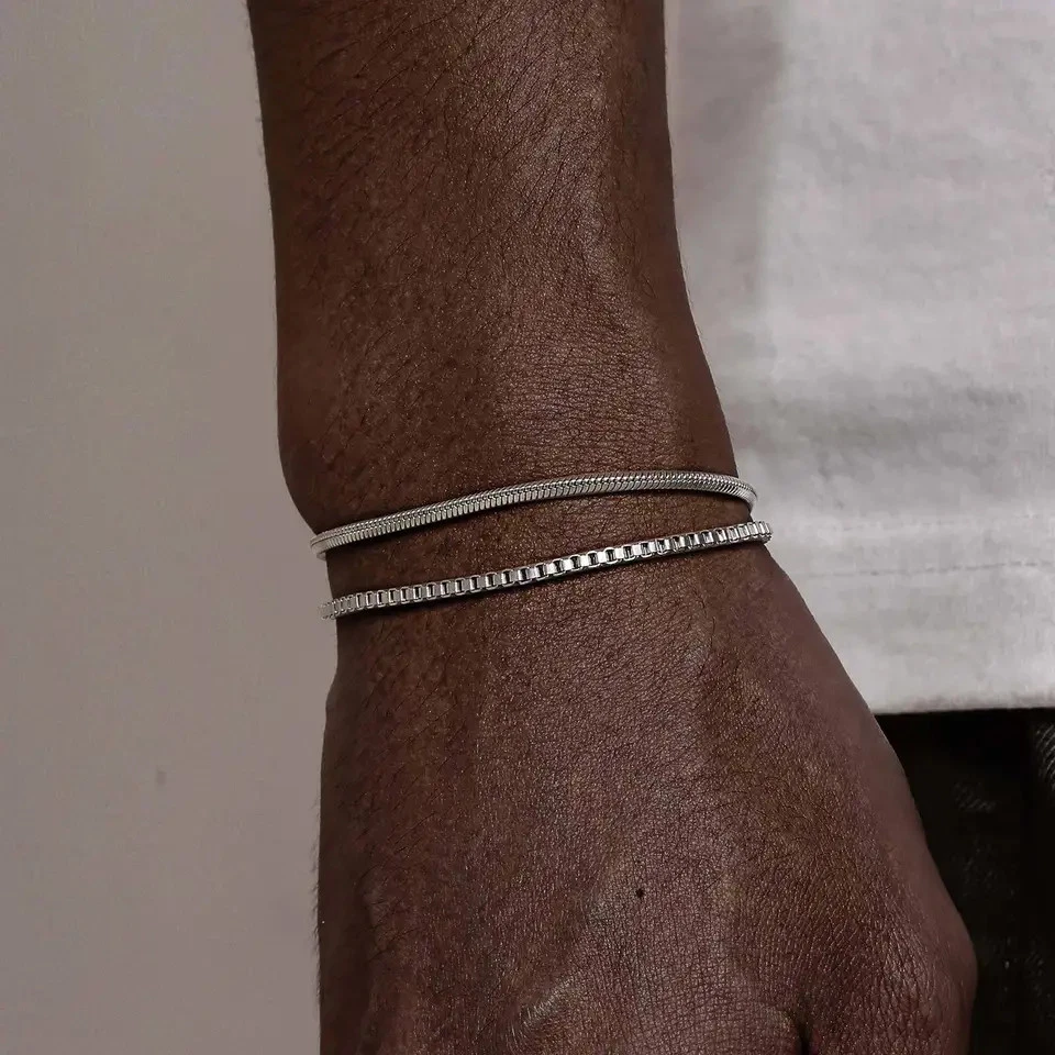 Stainless Steel Snake Chain Bracelet Men Box Link Adjustable Metal Tone Jewelry - Image 2 of 4