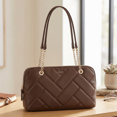 DKNY Brown Quilted Shoulder Bag Gold Chain Strap Zip Top NWT MSRP $198