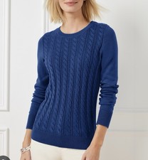 Talbots 100 Cotton Crewneck Cableknit Sweater Soft Blue L