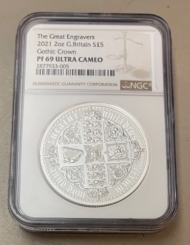 2021 Great Britain UK Gothic Crown Quartered Arms £5 2oz Silver Proof NGC PF69