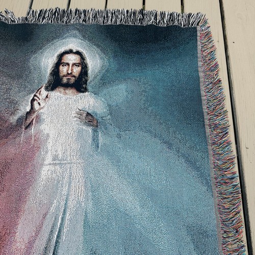 Christian Tapestry Throw Blanket 55x40 Divine Mercy Jesus I Trust In You Fringed - Picture 5 of 13