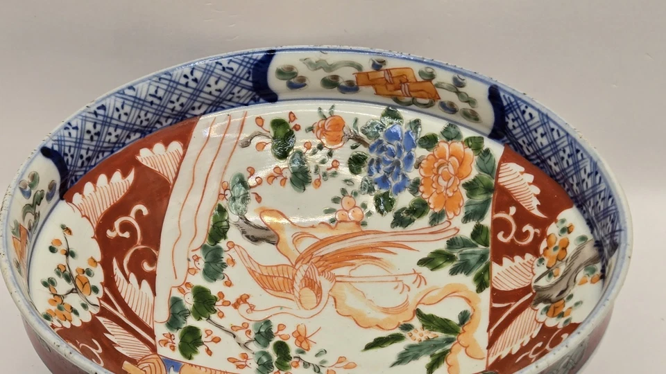 Винтажная японская чаша сине-красное золото птицы цветы диаметр 7 дюймов ручная роспись - Изображение 3 из 4