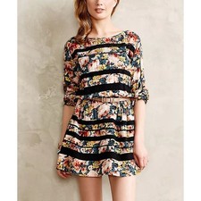 Anthropologie XS Holding Horses Garden Lace Floral Dress Orange Blue Long Sleeve