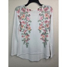 Floral Print Long-Sleeve Women's Top - White with Pink Peach Flowers