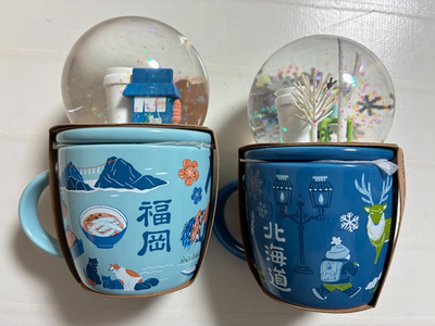 Hokkaido Fukuoka Japan Set 2 Snow Globe Starbucks coffee Cup Mug